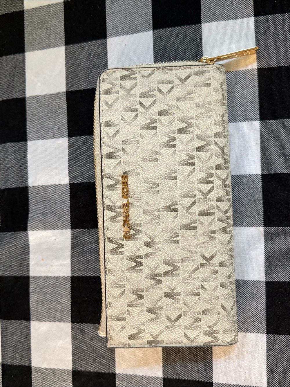 Michael Kors Beige Monogram Zip-Around Wallet with Gold Hardware